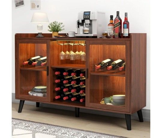 Coffee Cabinet And Wine Rack Coffee Cabinet with Wine Rack and Glass Holder, Kitchen Buffet Sideboard W Storage Shelf, Freestanding Liquor Cabinet for
