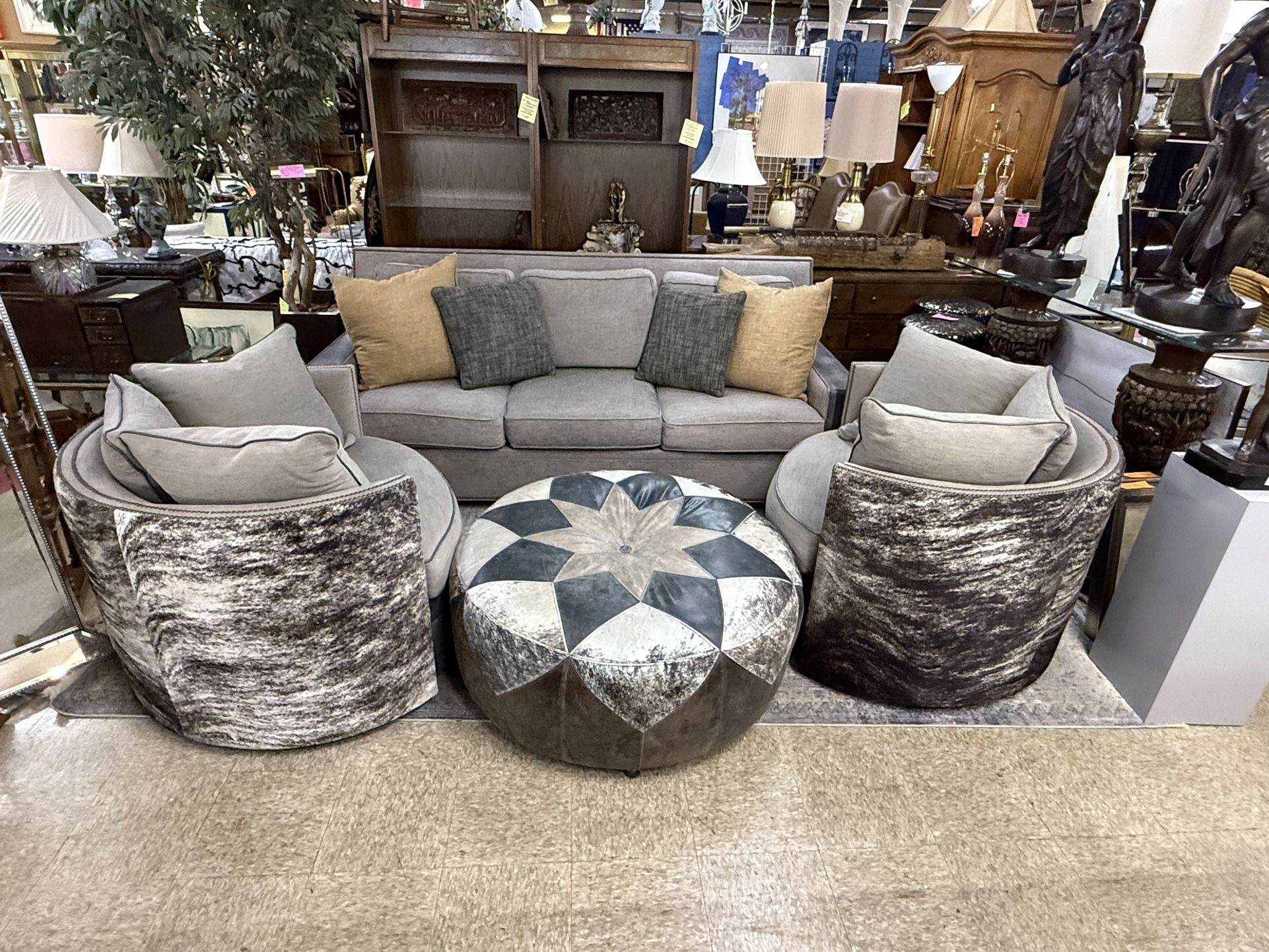 Custom 4pc Paul Robert leather and hide sofa, 2 swivel chairs and ottoman