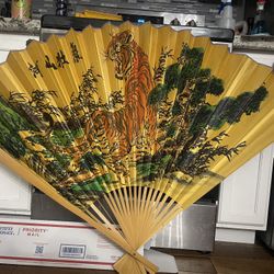 Vintage Large Asian Wicker Bamboo Fan with Hand-painted Tiger Scene MCM 