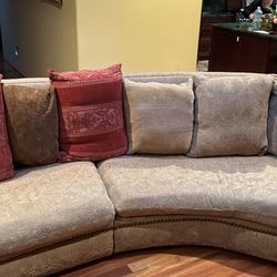 Curved Sectional Sofa & Ottoman - Patterned Fabric w/ Nailhead Trim