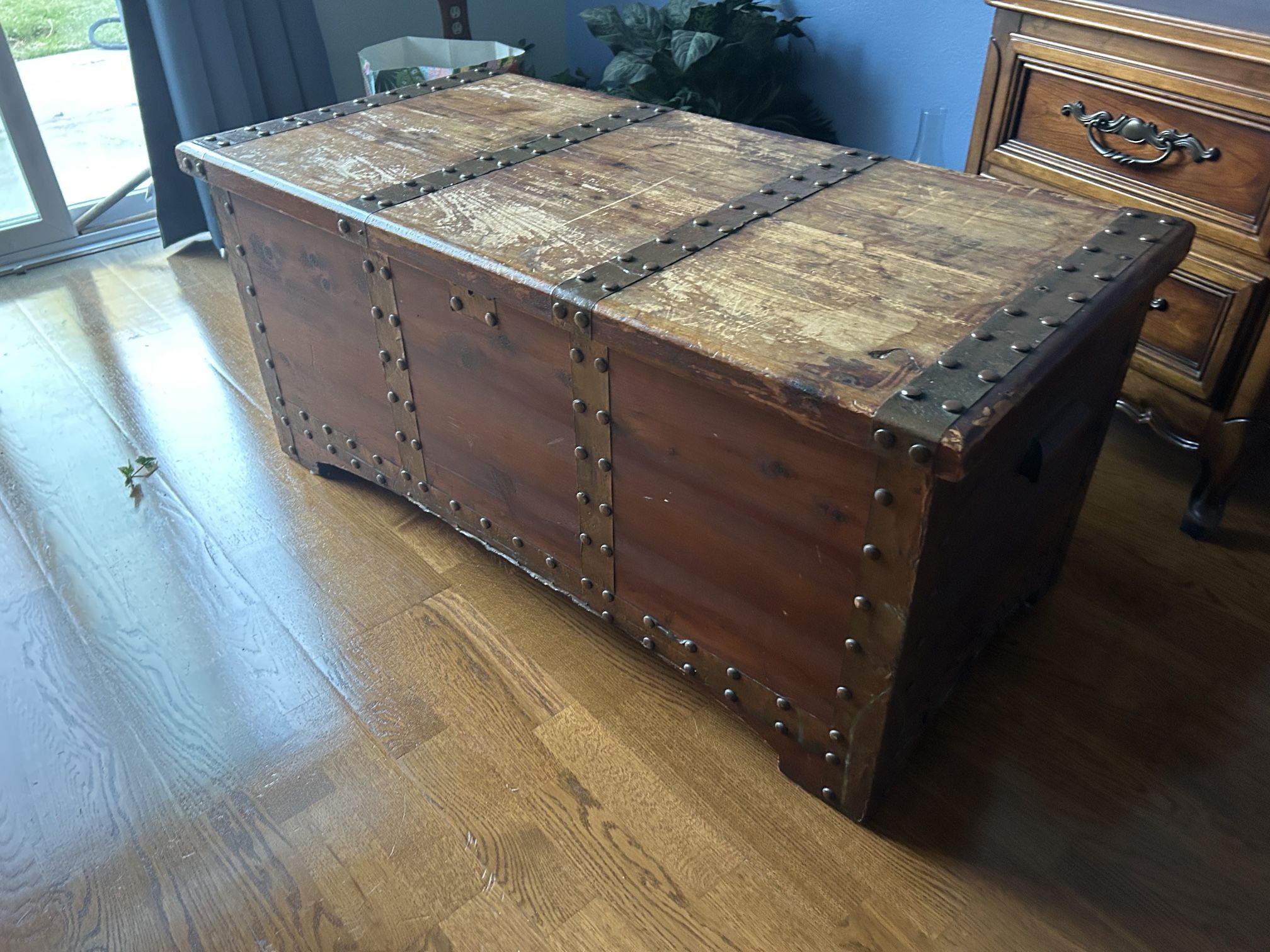 Antique Cedar And Brass Trunk 