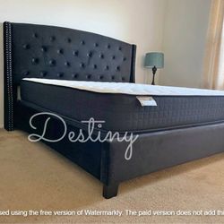 Black Velvet Upholstered Tufted Queen Size Bed Frame