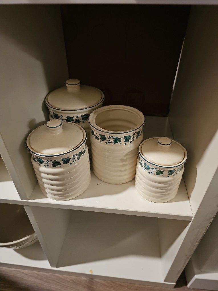 Vintage Himark Ivy Tyme Floral Canister White Green Sugar Flour 4 Piece
