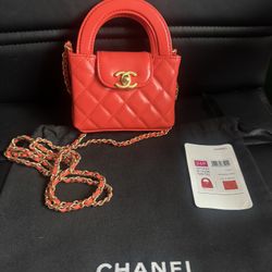 Chanel Quilted Mini Nano Kelly Shopper Orange Red