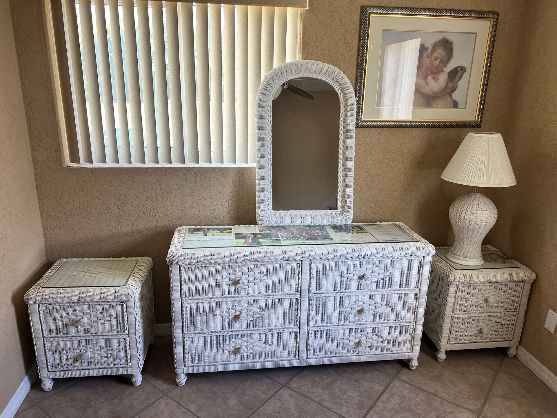White Wicker Dresser, End Tables, Mirror And Lamp