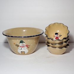 Three Rivers Pottery 1 Large Bowl 4 Small Bowls Snowman 2000