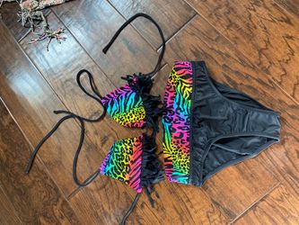 Rainbow color cheetah bikini with fringe