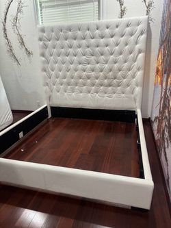 King White Tufted Upholstered Bed Frame
