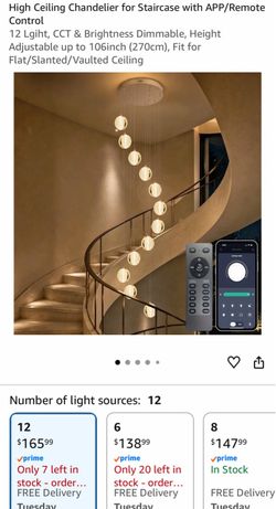 High Ceiling Chandelier for Staircase with APP/Remote Control 12 Lgiht, CCT & Brightness Dimmable, Height Adjustable up to 106inch (270cm), Fit for Fl