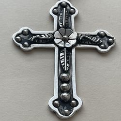 Big Heavy Sterling Silver Cross Pendant 925 Sterling , Black Inlay, Measures 3~1/4 Inches , Weighs 26 Grams 