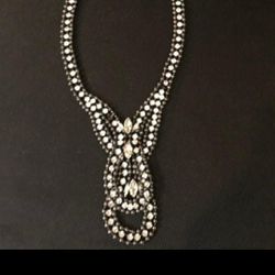 Beautiful large statement necklace in black metal with Clear Rhinestones #35