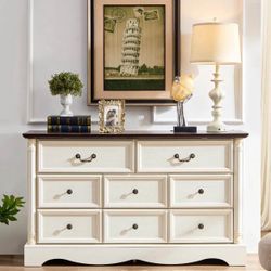 8 Drawers Dresser, 54" Wide Farmhouse Chest of Drawers with Charging Station, Distressed Finish Design, Modern Storage Dressers Organizer 