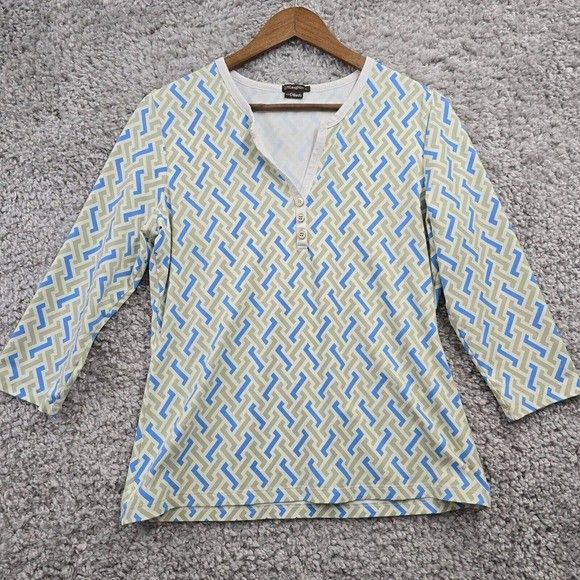 J McLaughlin Shirt Women Large Dillards Henley 3/4 Sleeve Stretch Catalina Cloth
