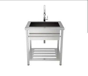 Glacier Bay 25.5 in. D x 30 in. W Freestanding Laundry/Utility Sink Stainless Steel with Strainer Racks and Faucet