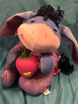Disney Eeyore baby vintage 2003 talking plush doll battery operated , he yawns, laughs, burps , sighs . Holding a strawberry 🍓 goodnight Eeyore in pa
