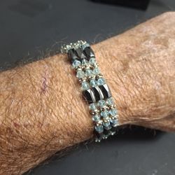 Unique Magnetic Hematite Therapy Wrap Bracelet With Blue Crystal Beads 21" 