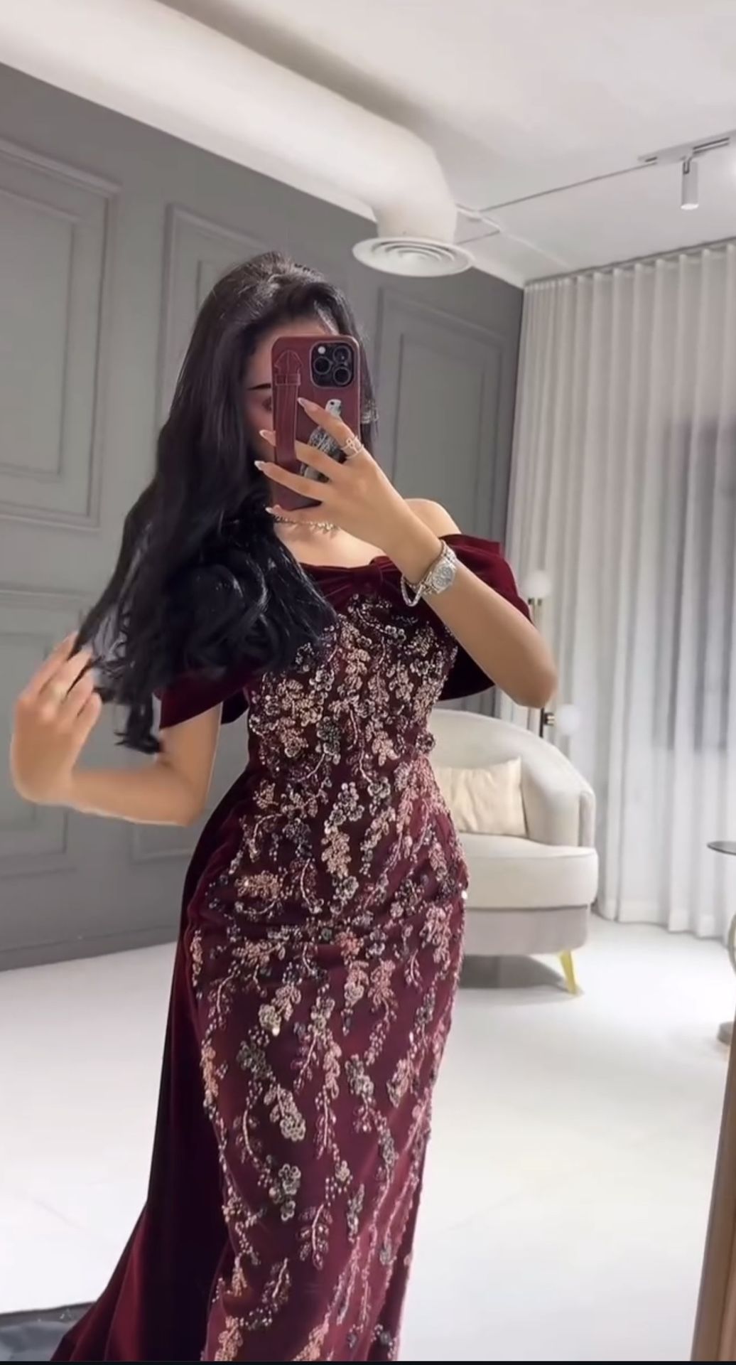 Velvet Burgundy Dress With Overskirt