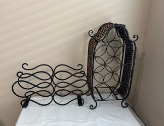 Pier1 6 Bottles Wrought Iron Counter Wine Rack and 7 bottles Wicker Metal Wine Rack Set