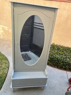 Gray Armoire with Oval Mirror and Drawer