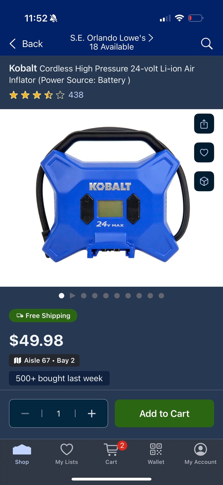Kobalt Cordless High Pressure 24-volt Li-ion Air Inflator (Power Source: Battery )