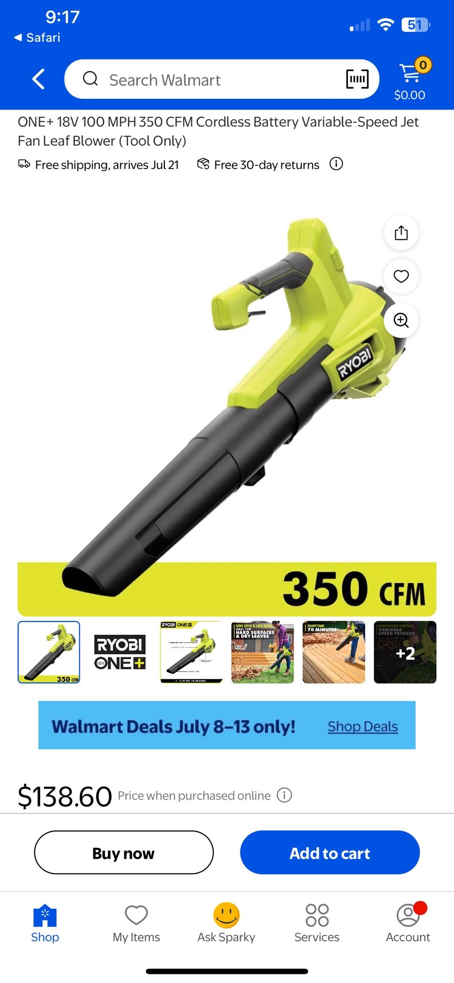 ONE+ 18V 100 MPH 350 CFM Cordless Battery Variable-Speed Jet Fan Leaf Blower