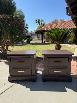 BEAUTIFUL SOLID WOOD!! Matching Pair of Brown Nightstands  with Gold Handles (Read Description)