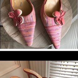 Isaac Mizrahi sexy stripped pink mules.