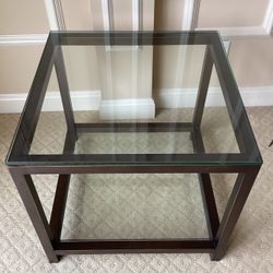 MODERN AND ELEGANT SOLID BRUSHED BRONZE END SIDE TABLE WITH GLASS TOP AND SHELF