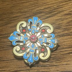 Floral Pin Brooch/Brass Flower with Enamel Repousse/Ornate Etched Faux-Turquoise