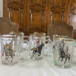 Set Of Six Beautiful Vintage Mounted Police Glass Mugs With Gold Rims 