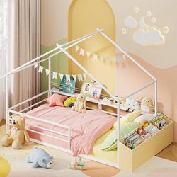Twin House Bed with Storage Organizer Montessori Floor Bed for Kids