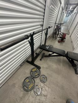 FLYBIRD Adjustable Bench & Squat Rack Combo + Olympic Barbell & 130 lbs Plates (175 lbs Total Steel)
