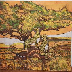 $250 Vintage 1978 African Savanna Leopard Art On Fabric