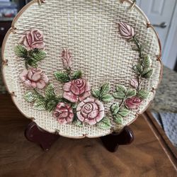 Hand Painted Takahashi San Francisco Rose Basket Weave 8" Plate Floral