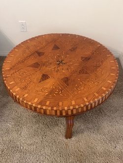 Round Wood Inlay Accent Table