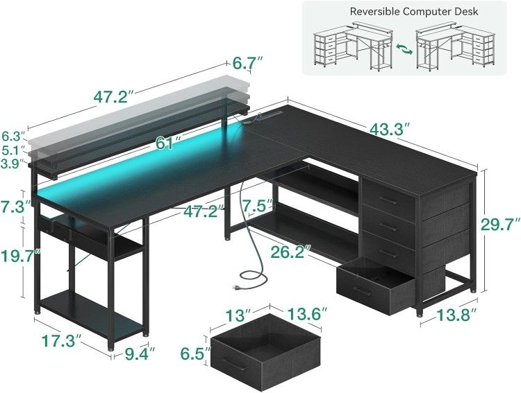 L Shaped Computer Desk w/ Drawers Power Outlets LED Lights Corner Gaming Home Office 61" Black NEW
