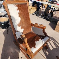 Vintage Wood And Cow Hide Rocking Chair