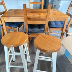 Wooden Table 4 Chairs + 2 Wooden Stools 2ft Tall