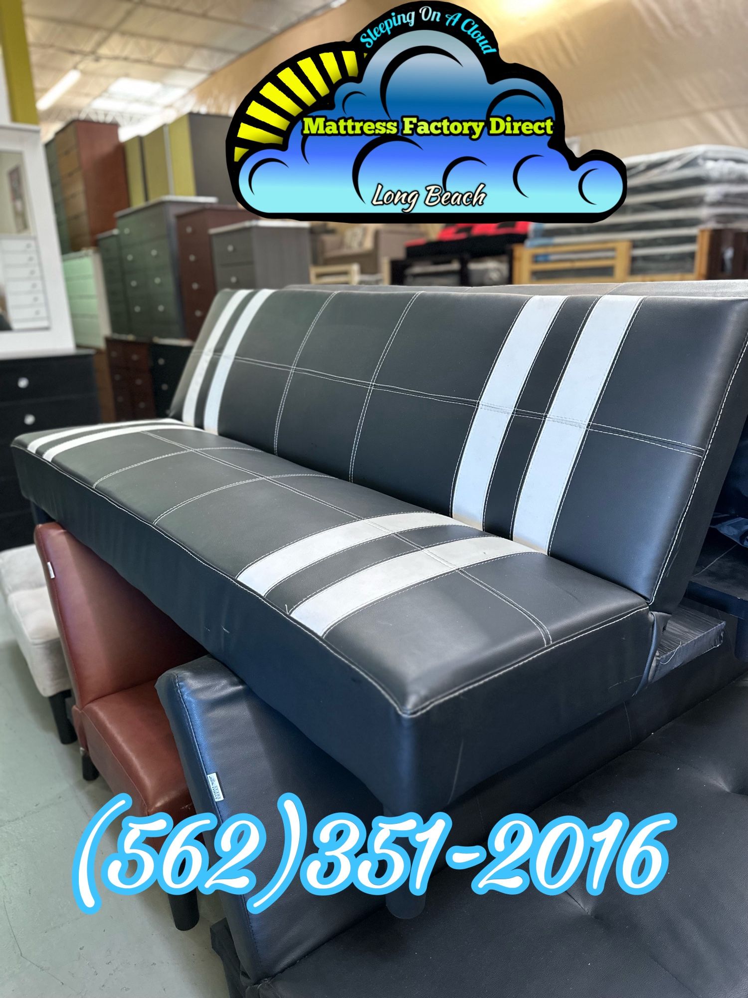 Black With White Stripes Leather Futon Bed Sofa Cama Negro 