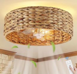 Woven Rattan Flush Mount Ceiling Fan with Light