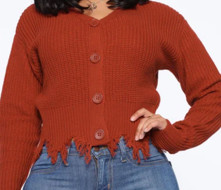 Rust Distressed Hem Knit Button-Up Cardigan