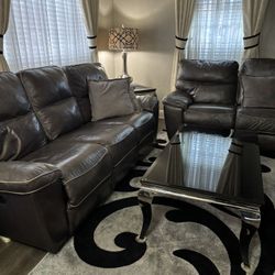 Sofa And Loveseat Leather Recliner Brown With A Taupe Piping