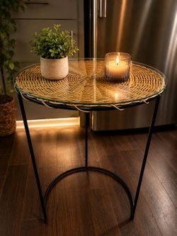 Wicker Glass Accent Table