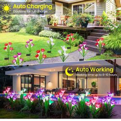 KOOPER Outdoor Solar Lights, 4 Pack Solar Garden Lights with Bigger Lily Flowers, Waterproof 7 Color Changing Solar Lights Outdoor - Bigger Solar Pane