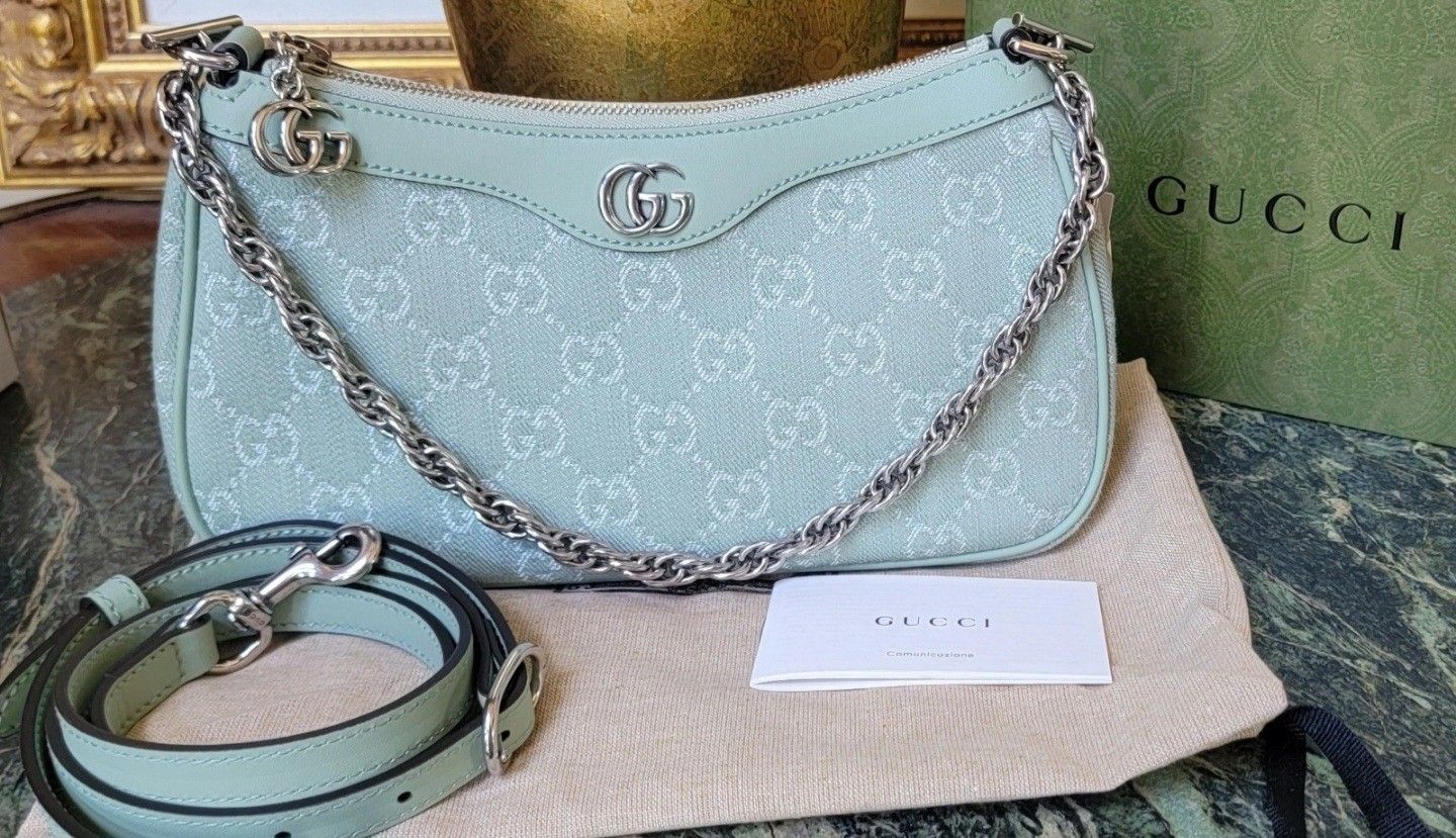 NWT GUCCI OPHIDIA SMALL GREEN DENIM SHOULDER BAG  2 WAY STRAP & CHAIN
