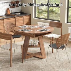 Round Wood Dining Table with Pedestal Storage Base