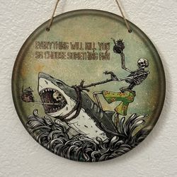 🦈 💀 🔥- Vintage Style Art- Skeleton Riding On Shark Hanging Plate -8inch  