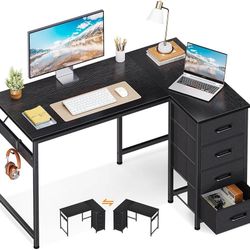 L Shaped Desk with 4 Drawers, 40" Small Corner Computer Desk with Storage, Reversible Kids Study Table with Hook, Work Table for Home Office
