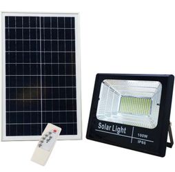 100W Solar Flood Lights Outdoor Spotlight Max 14 365lm IP66 Waterproof with Remote Controller,LED Floodlight Built-in Battery,Solar Panel Lamp for Gar