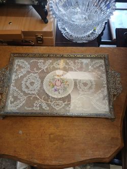 Vintage Lace Glass Tray, Dressing Table Tray, Petit Point, embroidery 14x8